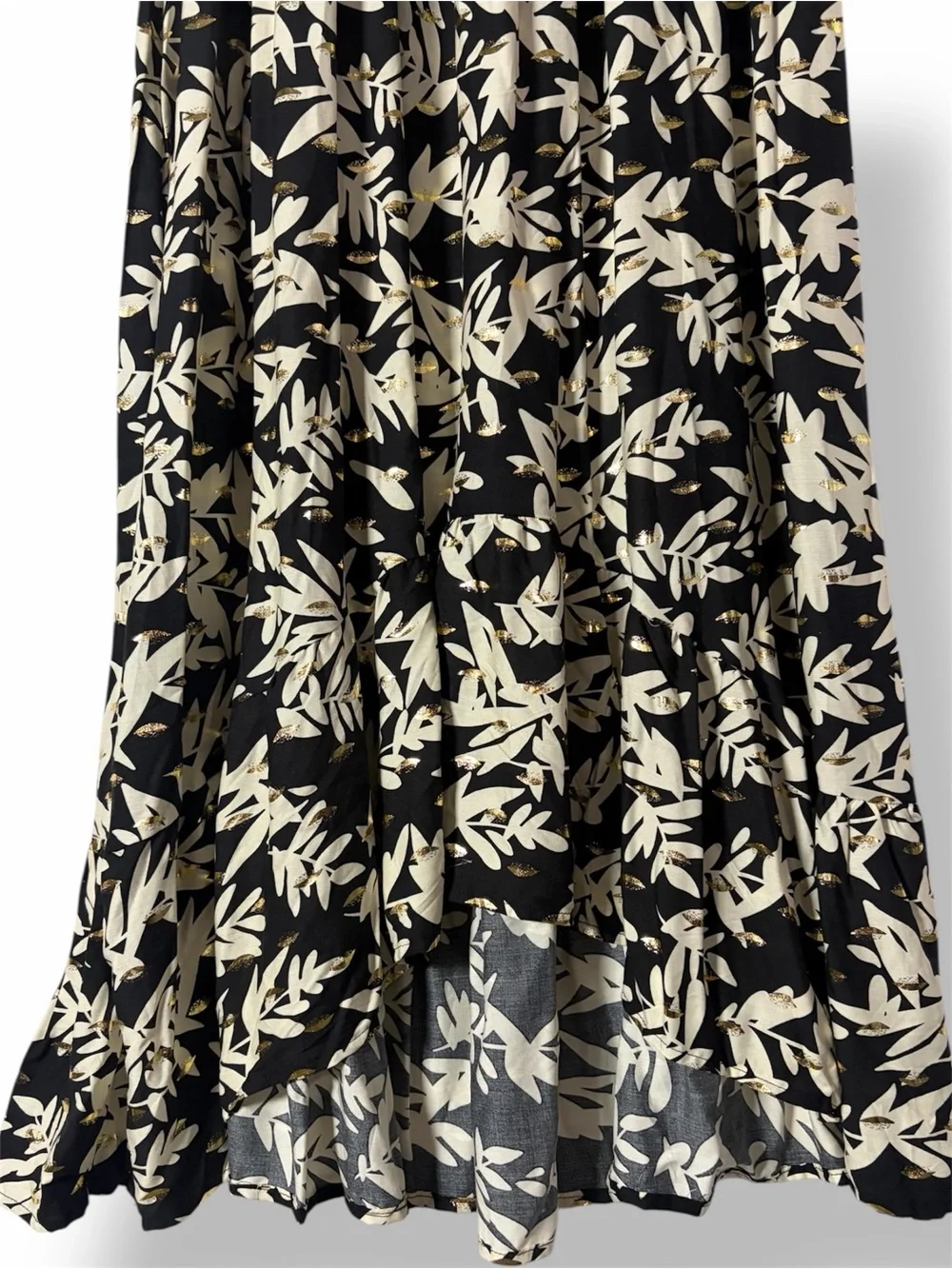 Kindred Smocked Off-Shoulder Black Metallic Gold Floral High Low Midi Dress 2X